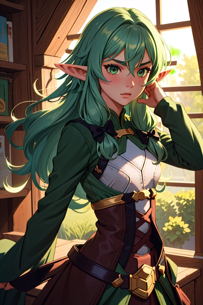 (masterpiece, best quality),  intricate details,
1boy,    high_elf_archer, elf, pointy ears, long hair, sidelocks, bow, hair bow, black bow, small breasts, hair between eyes, green hair, 
  peachdress,  pink dress,