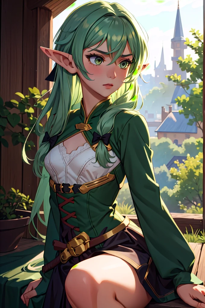 (masterpiece, best quality),  intricate details,
1boy,    high_elf_archer, elf, pointy ears, long hair, sidelocks, bow, hair bow, black bow, small breasts, hair between eyes, green hair, 
  peachdress,  pink dress,