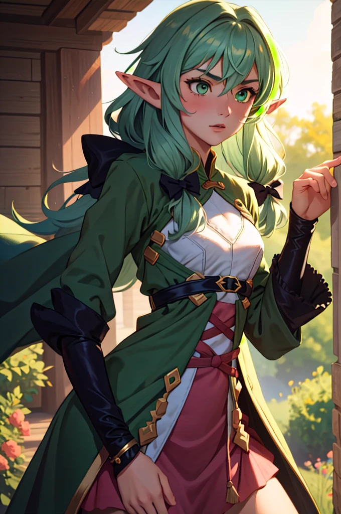 (masterpiece, best quality),  intricate details,
1boy,    high_elf_archer, elf, pointy ears, long hair, sidelocks, bow, hair bow, black bow, small breasts, hair between eyes, green hair, 
  peachdress,  pink dress,