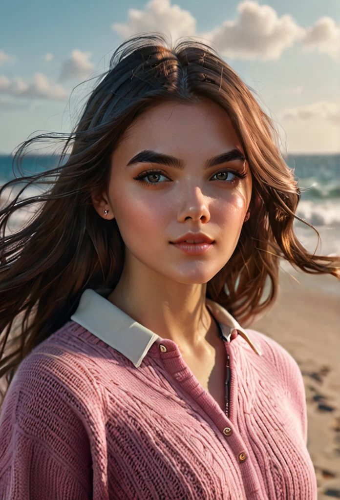 (20 year old woman on a beach, long brown hair, sporty body, beautiful detailed eyes, beautiful detailed lips, extremely detailed face and features, long eyelashes, elegant woman, graceful pose, soft warm lighting, cinematic lighting, Simple pink sweater, highly detailed environment, photorealistic, 8k, hyper detailed, masterpiece, cinematic, digital art, concept art)