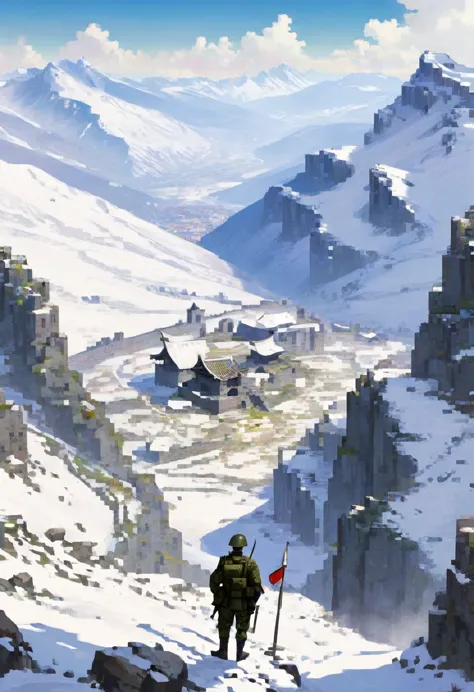 valley with ruins on the top of snowy mountain with soldier on yop