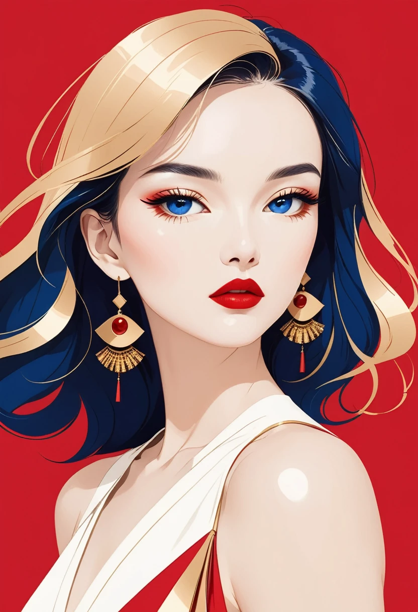 a flat illustration of a fashion girl, exaggerated pose,sapphire red vs gold cloth and hair,minimalist art,pure klein red background, in the style of suprematism ，elegant Shanghai woman,beautiful eyes,long eyelashes,red lips,random shots,smooth lines, pure white background, minimalist, ethereal Zen, high definition