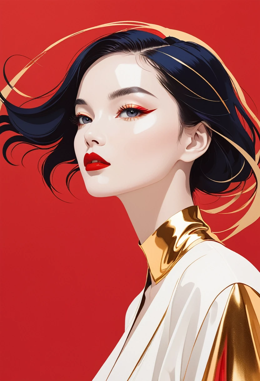 a flat illustration of a fashion girl, exaggerated pose,sapphire red vs gold cloth and hair,minimalist art,pure klein red background, in the style of suprematism ，elegant Shanghai woman,beautiful eyes,long eyelashes,red lips,random shots,smooth lines, pure white background, minimalist, ethereal Zen, high definition