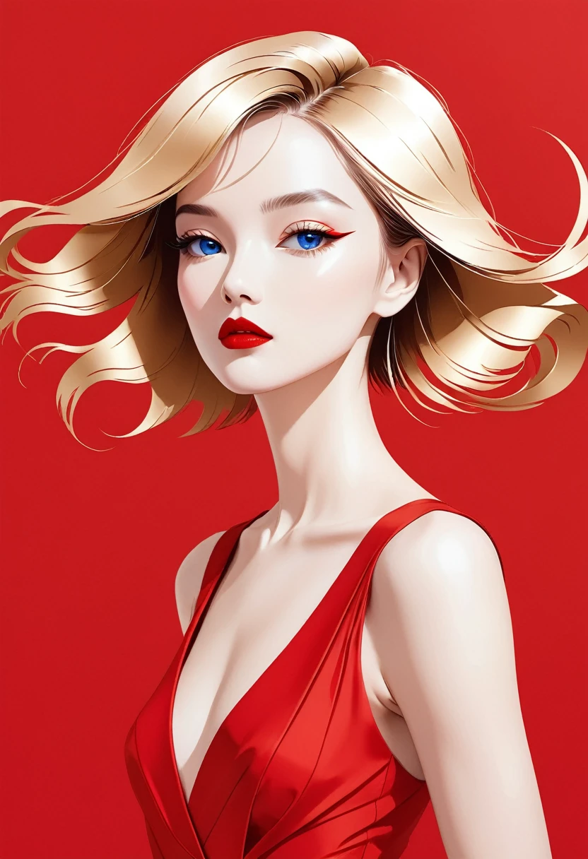 a flat illustration of a fashion girl, exaggerated pose,sapphire red vs gold cloth and hair,minimalist art,pure klein red background, in the style of suprematism ，elegant Shanghai woman,beautiful eyes,long eyelashes,red lips,random shots,smooth lines, pure white background, minimalist, ethereal Zen, high definition