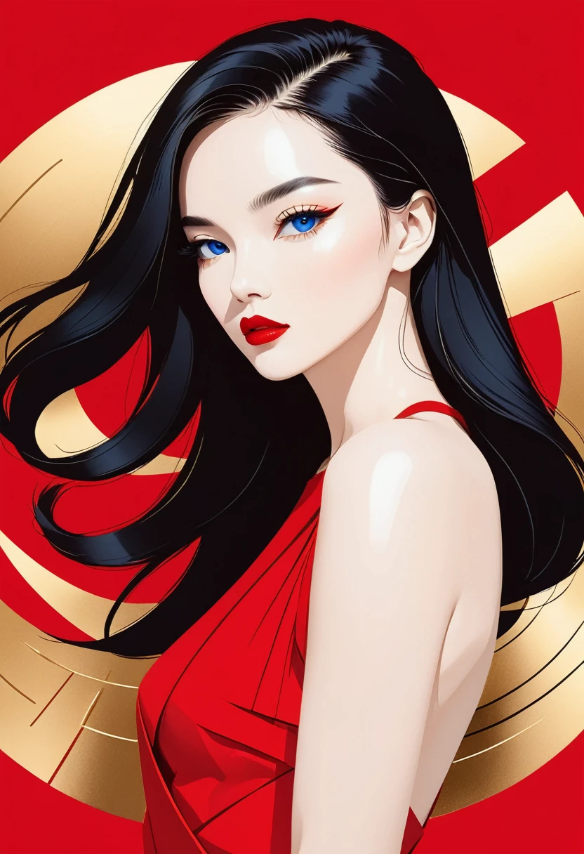 una ilustración plana de una chica de moda, pose exagerada,Tela y cabello rojo zafiro vs oro.,minimalista art,Fondo rojo puro Klein, al estilo del suprematismo ，Mujer elegante de Shanghai,Ojos bonitos,Pestañas largas,labios rojos,Disparos aleatorios,lineas suaves, fondo blanco puro, minimalista, zen etéreo, alta definición