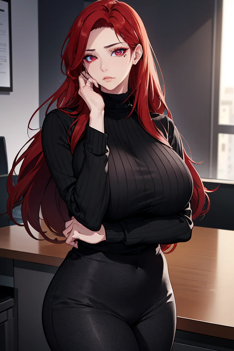 (Uhd, Masterpiece, Textured Skin, Super Detail, High Details, High Quality, Best Quality), Detailed Face, 1woman, mature pretty woman, Long red hair, (black sweater), (black pants), (Huge Body:1.5, tall), standing, (Office room)