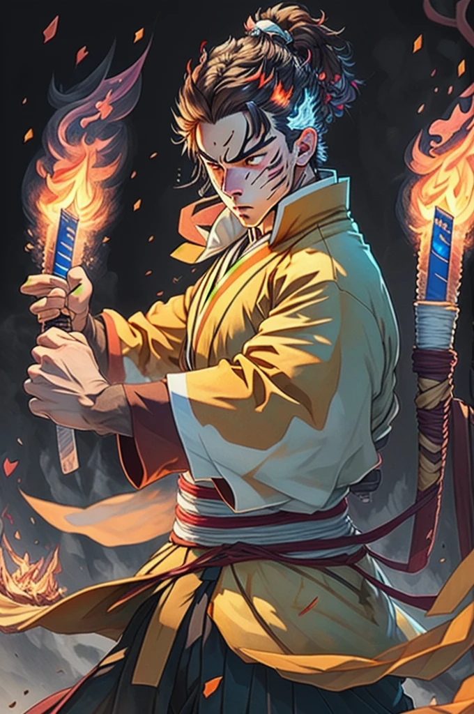 ((best qualityer)), ((work of art)), (detailded), (8k resolution), Kimetsu no Yaiba, adult man, experienced swordsman, Large katana rich in details, red traces on the face, Red neon aura, flames in the background, white kimono, Slightly dark hair, groundbreaking, color scheme, pensive stillness, background with flames, details Intricate, photographic realism, fully body.