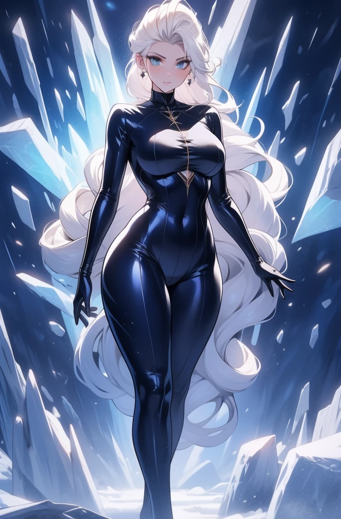 female, solo, young, sexy body, voluptuous figure, tightsuit, white hair, decolored blonde hair, ice effects around, ice queen, beautifull face, long hair, defined body, yellow and bright eyes, thick legs, strong legs, tall, Voluptuous legs, huge ass, big hip, big ass, female sorcerer, blue and black robes,