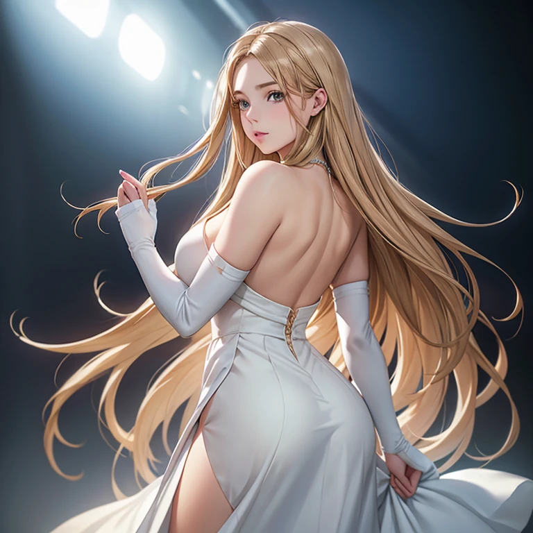 a beautiful young woman, long flowing hair, white dress with blue skirt, standing on ferry, bare shoulders and long legs, jewelry and gloves, seen from behind, detailed face, beautiful detailed eyes, beautiful detailed lips, extremely detailed eyes and face, long eyelashes, elegant, serene, photorealistic, 8k, hyper detailed, oil painting, intricate, warm lighting, soft colors, golden hour