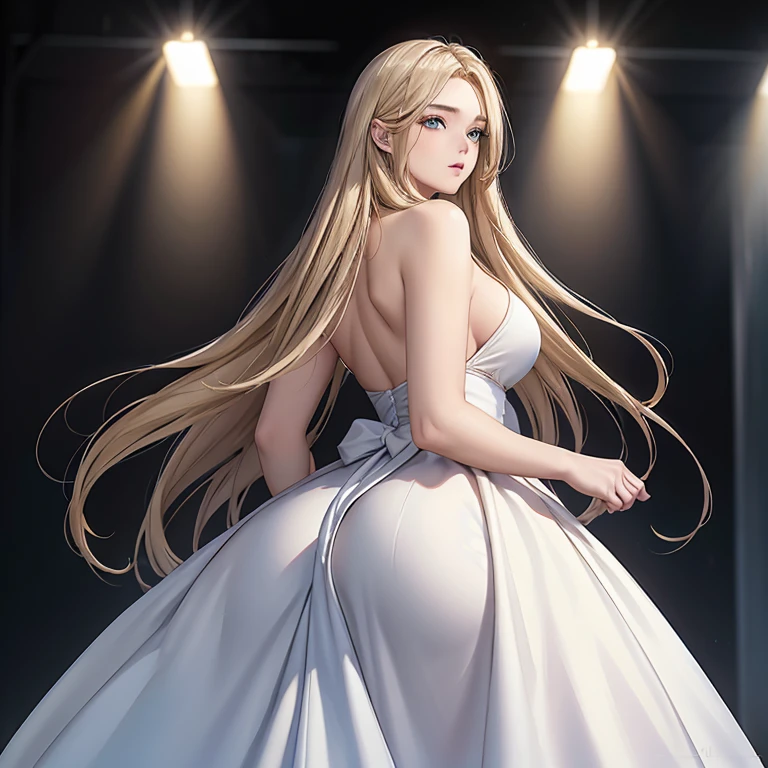 a beautiful young woman, long flowing hair, white dress with blue skirt, standing on ferry, bare shoulders and long legs, jewelry and gloves, seen from behind, detailed face, beautiful detailed eyes, beautiful detailed lips, extremely detailed eyes and face, long eyelashes, elegant, serene, photorealistic, 8k, hyper detailed, oil painting, intricate, warm lighting, soft colors, golden hour