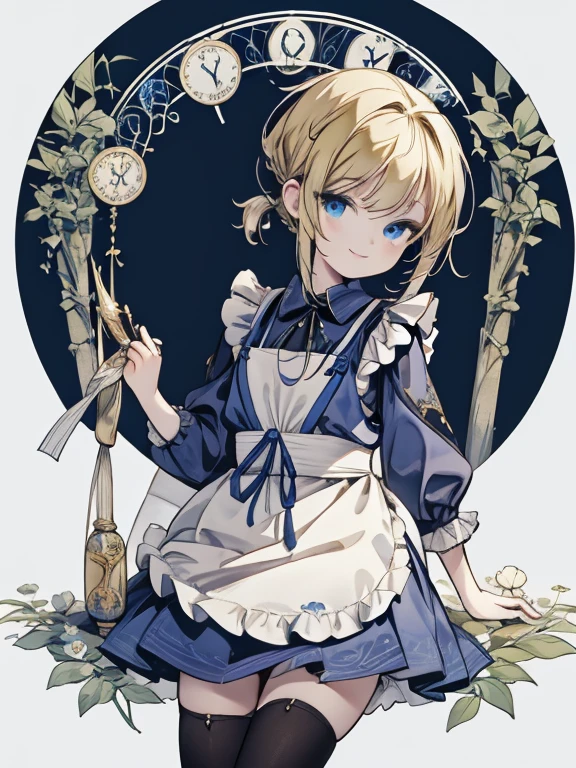 masterpiece, Highest quality, Very detailed, 16K, Ultra-high resolution, Cowboy Shot, Alice in Wonderland, (art nouveau:1.4), , Detailed face, (smile:1.5), Blue eyes, bionde, ,braided ponytail, Ribbon on head, Blue clothes, Plain white apron, In a room with a big clock, clock, 壁clock, Music Box