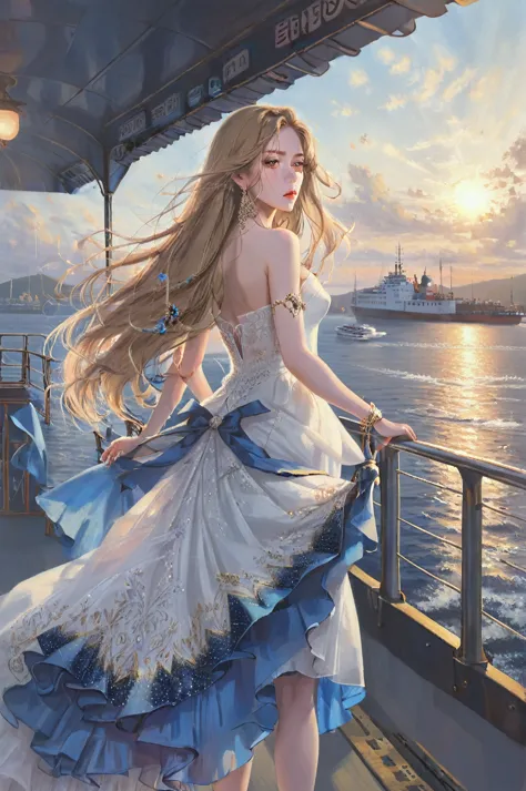 a beautiful young woman, long flowing hair, white dress with blue skirt, standing on ferry, bare shoulders and long legs, jewelr...