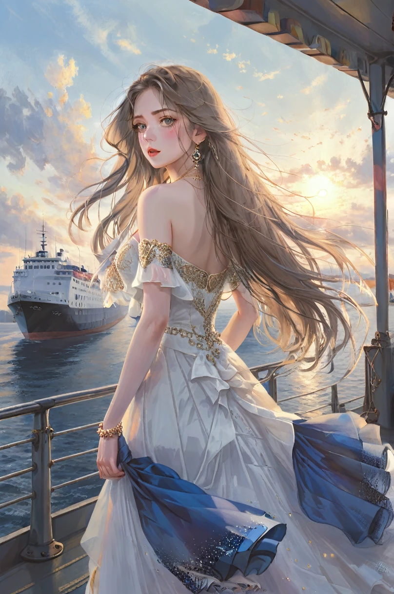 a beautiful young woman, long flowing hair, white dress with blue skirt, standing on ferry, bare shoulders and long legs, jewelry and gloves, seen from behind, detailed face, beautiful detailed eyes, beautiful detailed lips, extremely detailed eyes and face, long eyelashes, elegant, serene, photorealistic, 8k, hyper detailed, oil painting, intricate, warm lighting, soft colors, golden hour