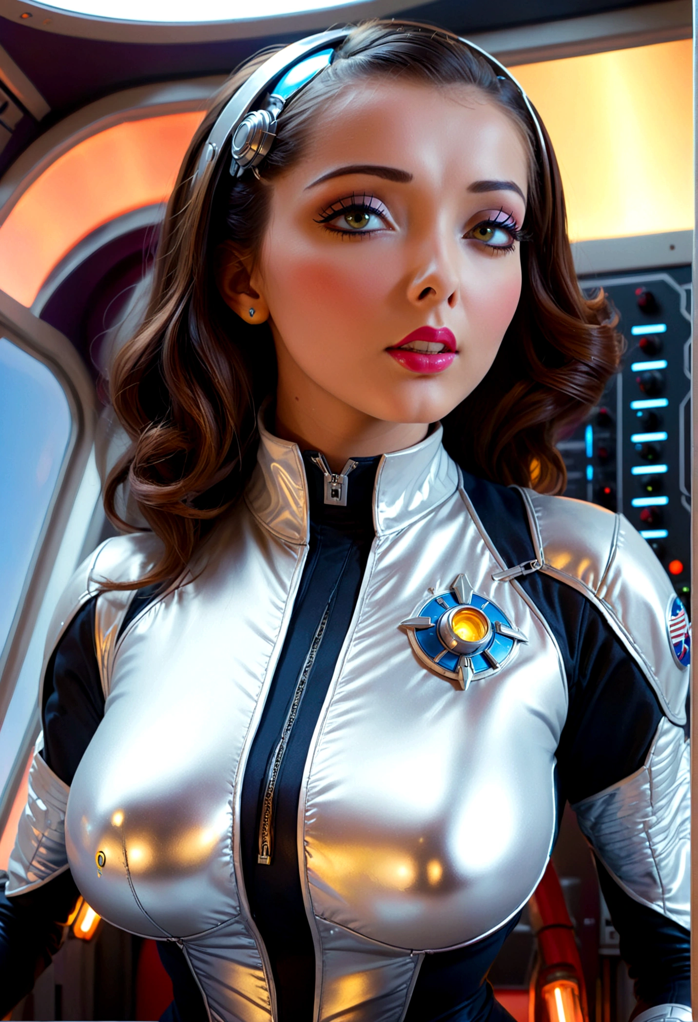 A sexy female space captain in a 50s-styled space outfit piloting her rocket with blinking controls and bright lights, highly detailed, photorealistic, 8k, hyper-realistic, extremely detailed, ultra-detailed, masterpiece, detailed eyes, detailed lips, long eyelashes, muscular, confident expression, dramatic lighting, neon colors, intricate ship interior, glowing displays, metallic textures, shiny surfaces, dynamic pose, cinematic angle
