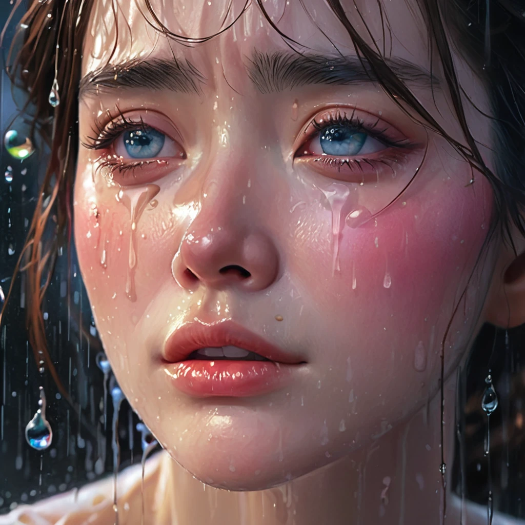 crying,aesthetic,extremely detailed,teary eyes,rosy cheeks,soaked lashes,emotional expression,intense sadness,dripping tears,true-to-life textures,highly refined details,dramatic lighting,seamless blending of colors,vibrant hues,artistic composition,layered brushstrokes,emotive brushwork,realistic water droplets,breathtaking realism,masterful craftsmanship,haunting beauty,evocative atmosphere,highly emotional scene,silent sorrow,stark contrast,moody ambiance,endless depth,luminous glow,shimmering highlights,subtle shadows,intimate close-up,precise contours,striking emotion,fluid brush movements,touching portrayal,painstaking attention to detail,aesthetically pleasing,heart-wrenching,deeply moving artistry