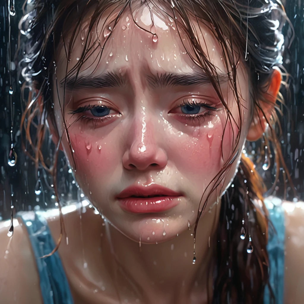 crying,aesthetic,extremely detailed,teary eyes,rosy cheeks,soaked lashes,emotional expression,intense sadness,dripping tears,true-to-life textures,highly refined details,dramatic lighting,seamless blending of colors,vibrant hues,artistic composition,layered brushstrokes,emotive brushwork,realistic water droplets,breathtaking realism,masterful craftsmanship,haunting beauty,evocative atmosphere,highly emotional scene,silent sorrow,stark contrast,moody ambiance,endless depth,luminous glow,shimmering highlights,subtle shadows,intimate close-up,precise contours,striking emotion,fluid brush movements,touching portrayal,painstaking attention to detail,aesthetically pleasing,heart-wrenching,deeply moving artistry