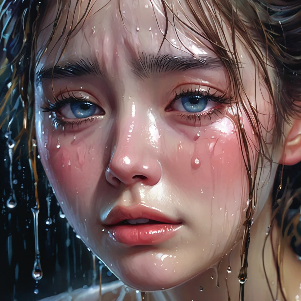 crying,aesthetic,extremely detailed,teary eyes,rosy cheeks,soaked lashes,emotional expression,intense sadness,dripping tears,true-to-life textures,highly refined details,dramatic lighting,seamless blending of colors,vibrant hues,artistic composition,layered brushstrokes,emotive brushwork,realistic water droplets,breathtaking realism,masterful craftsmanship,haunting beauty,evocative atmosphere,highly emotional scene,silent sorrow,stark contrast,moody ambiance,endless depth,luminous glow,shimmering highlights,subtle shadows,intimate close-up,precise contours,striking emotion,fluid brush movements,touching portrayal,painstaking attention to detail,aesthetically pleasing,heart-wrenching,deeply moving artistry