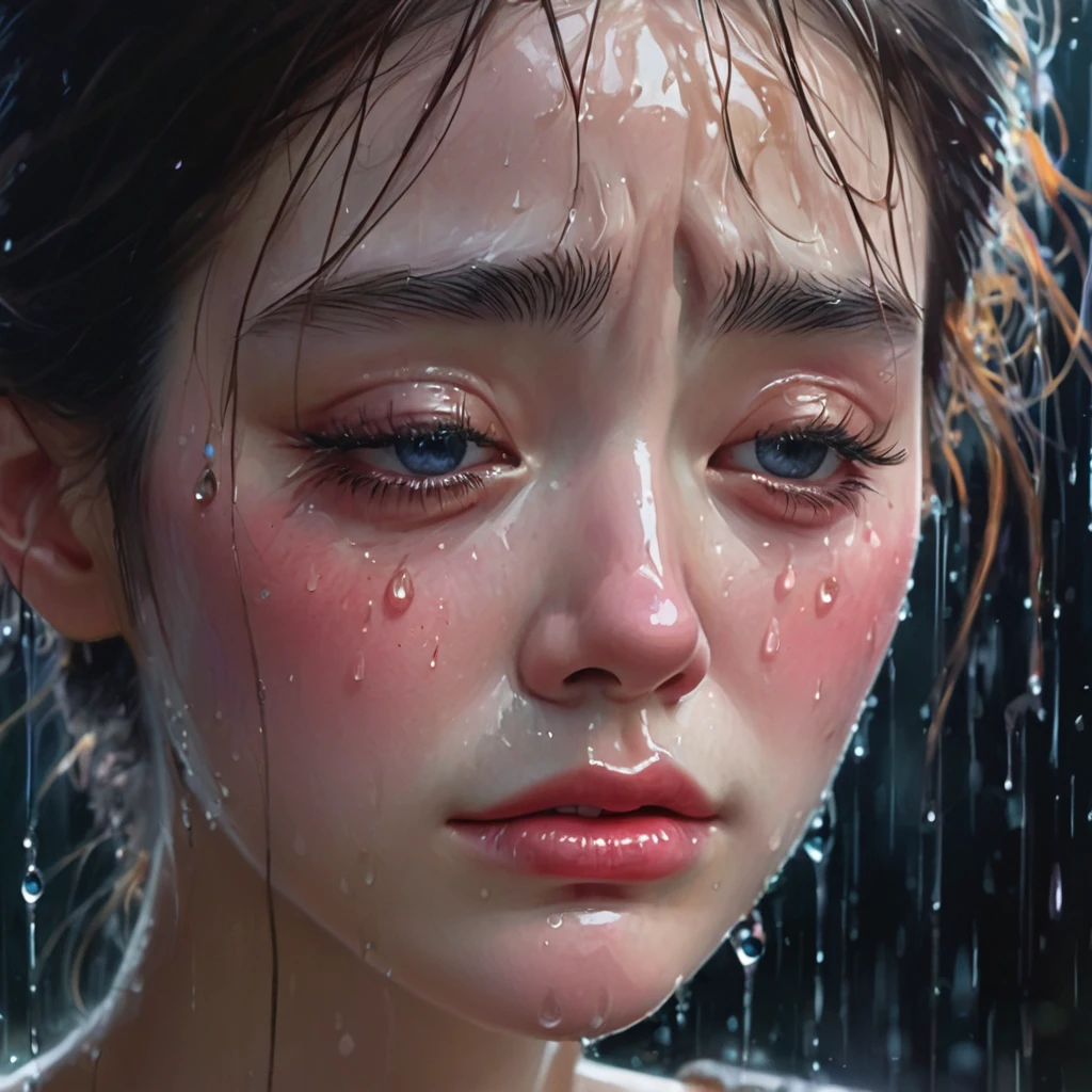 crying,aesthetic,extremely detailed,teary eyes,rosy cheeks,soaked lashes,emotional expression,intense sadness,dripping tears,true-to-life textures,highly refined details,dramatic lighting,seamless blending of colors,vibrant hues,artistic composition,layered brushstrokes,emotive brushwork,realistic water droplets,breathtaking realism,masterful craftsmanship,haunting beauty,evocative atmosphere,highly emotional scene,silent sorrow,stark contrast,moody ambiance,endless depth,luminous glow,shimmering highlights,subtle shadows,intimate close-up,precise contours,striking emotion,fluid brush movements,touching portrayal,painstaking attention to detail,aesthetically pleasing,heart-wrenching,deeply moving artistry