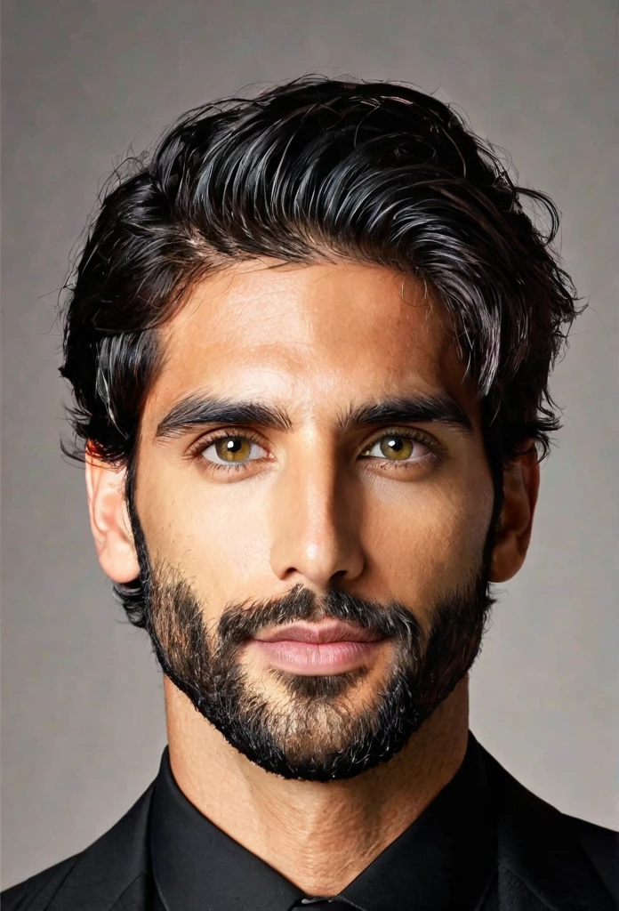 Male... Gray eyes...  fit... tall... handsome... Olive skin... Short stubble beard... medium large hair... black suit