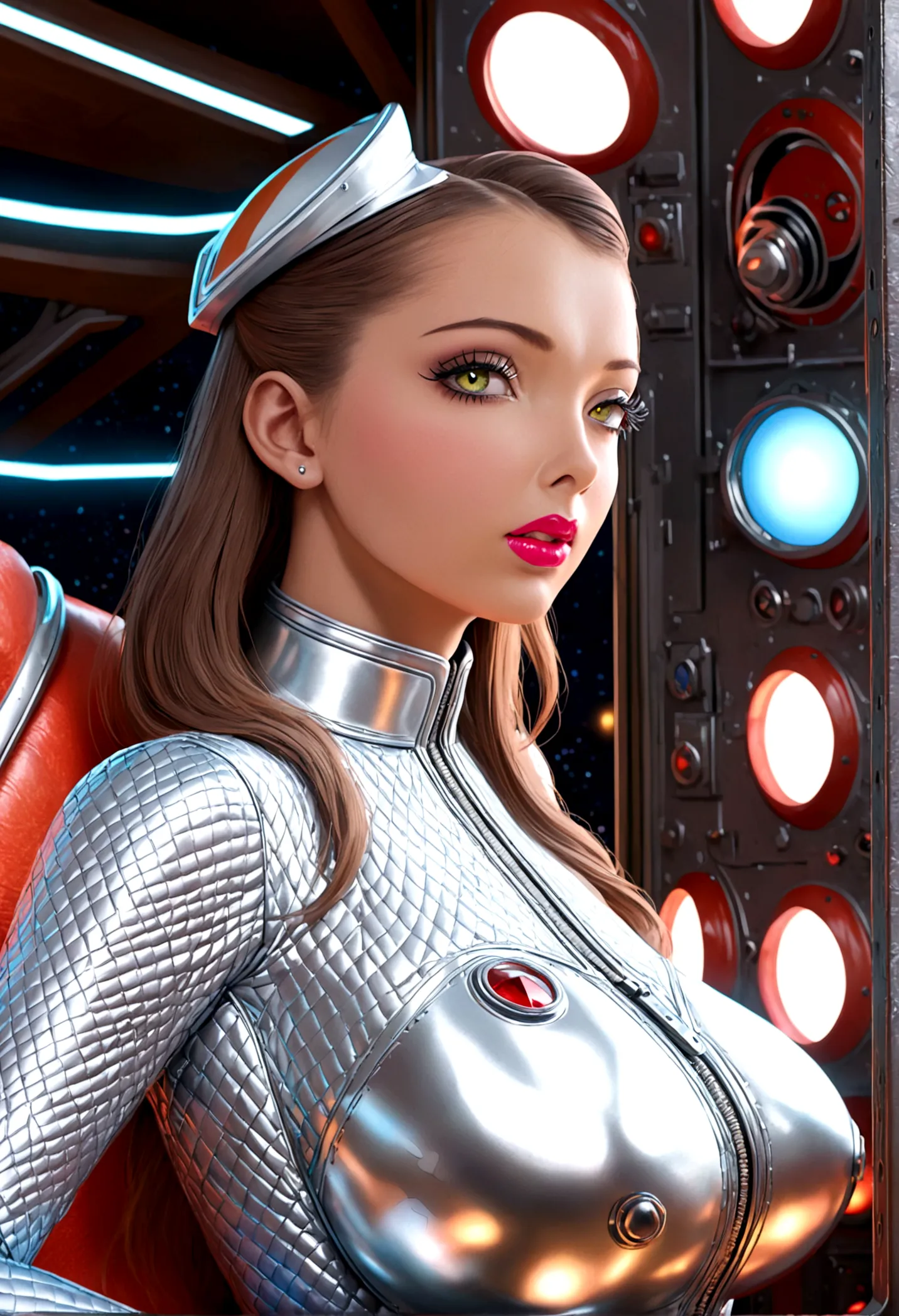 a sexy female space captain in a 50s-styled space outfit piloting her rocket with blinking controls and bright lights, highly de...