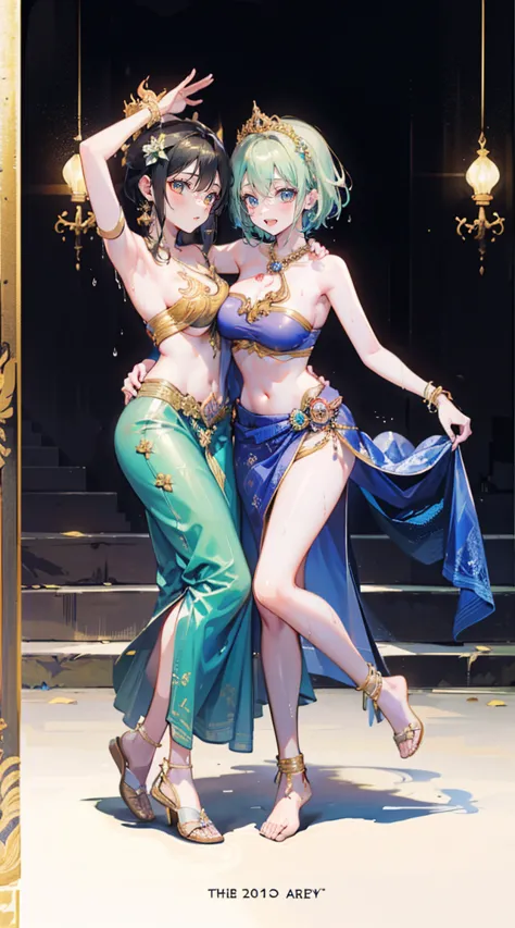 (2 young women ,beautiful woman),(เด็กหญิงshyุ 20 ปี)，smile，(light green short hair)，nobility，(princess)，blue student，Tall figur...