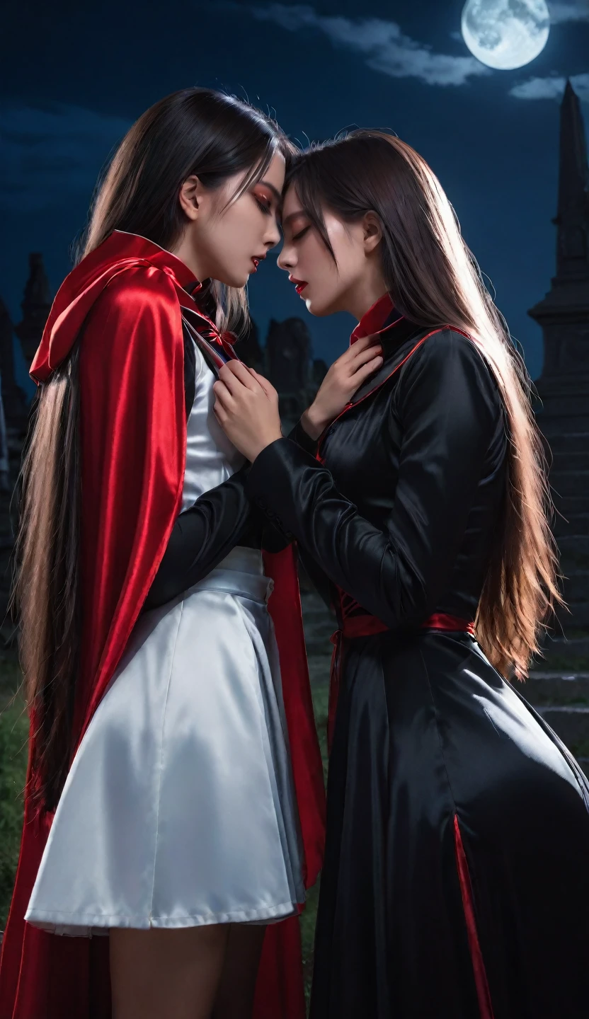 vampire teeth , ((((nighttime))) , 2girls,looking at each other in the eye, long hair , RAW photo, high quality, film grain,simple background, presenting, beautiful, (black and red lined satin cloak tied at the neck:1.20) , biting necks , breasts,big ass, clothes lift,bottomless,  moonlit graveyard , (2girls,yuri), 