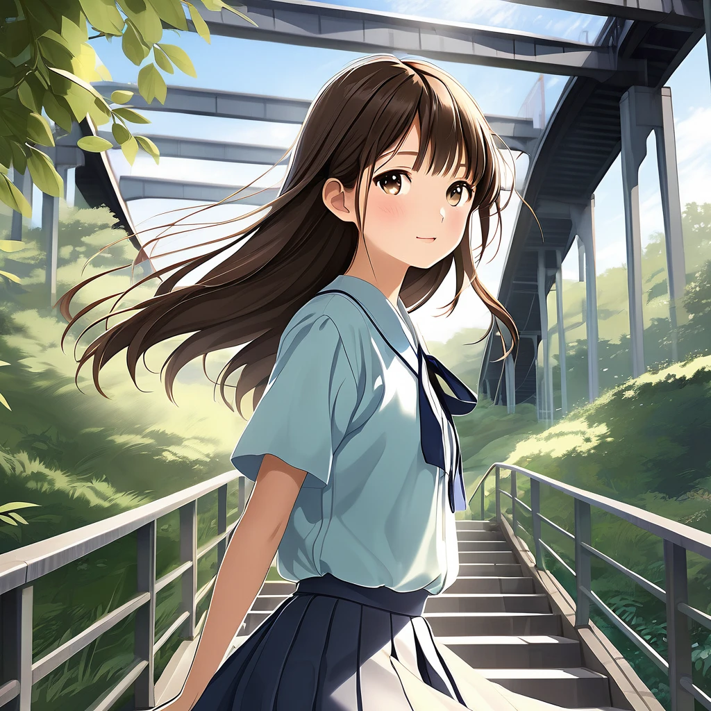 Create a high-resolution, natural-looking digital illustration of a teenage Japanese girl. She has a youthful, round face with a comforting and gentle expression. Her long, silky brown hair flows smoothly down her back, and she has clear, beautiful skin. The setting is under a pedestrian bridge, and the shot is a full-body view taken from a low angle. She is climbing stairs with a strong wind blowing, causing her summer  skirt to flutter slightly. She has large, expressive black eyes. Her summer  consists of a short-sleeved white blouse with a light blue ribbon tie and a pleated navy skirt. The background includes the underside of the bridge, a few stairs, and some green foliage peeking through. Ensure the image adheres to all policies and portrays a wholesome and friendly vibe.