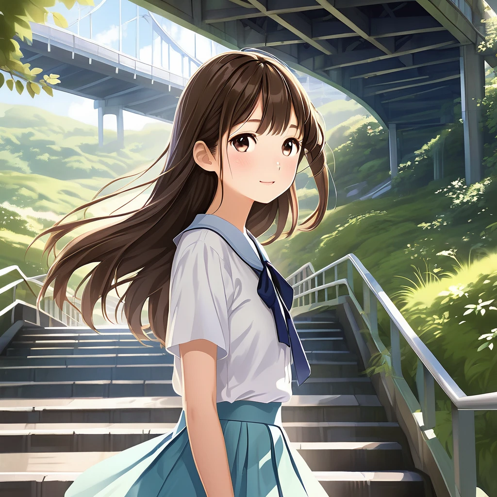 Create a high-resolution, natural-looking digital illustration of a teenage Japanese girl. She has a youthful, round face with a comforting and gentle expression. Her long, silky brown hair flows smoothly down her back, and she has clear, beautiful skin. The setting is under a pedestrian bridge, and the shot is a full-body view taken from a low angle. She is climbing stairs with a strong wind blowing, causing her summer  skirt to flutter slightly. She has large, expressive black eyes. Her summer  consists of a short-sleeved white blouse with a light blue ribbon tie and a pleated navy skirt. The background includes the underside of the bridge, a few stairs, and some green foliage peeking through. Ensure the image adheres to all policies and portrays a wholesome and friendly vibe.