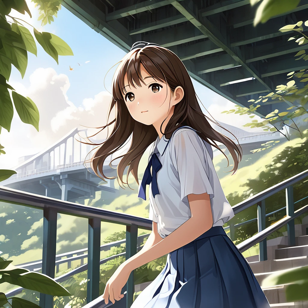 Create a high-resolution, natural-looking digital illustration of a teenage Japanese girl. She has a youthful, round face with a comforting and gentle expression. Her long, silky brown hair flows smoothly down her back, and she has clear, beautiful skin. The setting is under a pedestrian bridge, and the shot is a full-body view taken from a low angle. She is climbing stairs with a strong wind blowing, causing her summer  skirt to flutter slightly. She has large, expressive black eyes. Her summer  consists of a short-sleeved white blouse with a light blue ribbon tie and a pleated navy skirt. The background includes the underside of the bridge, a few stairs, and some green foliage peeking through. Ensure the image adheres to all policies and portrays a wholesome and friendly vibe.