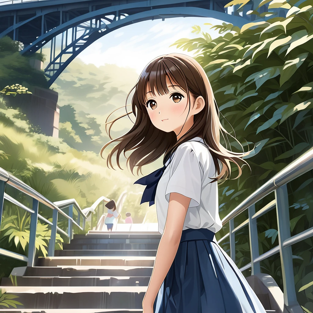 Create a high-resolution, natural-looking digital illustration of a teenage Japanese girl. She has a youthful, round face with a comforting and gentle expression. Her long, silky brown hair flows smoothly down her back, and she has clear, beautiful skin. The setting is under a pedestrian bridge, and the shot is a full-body view taken from a low angle. She is climbing stairs with a strong wind blowing, causing her summer  skirt to flutter slightly. She has large, expressive black eyes. Her summer  consists of a short-sleeved white blouse with a light blue ribbon tie and a pleated navy skirt. The background includes the underside of the bridge, a few stairs, and some green foliage peeking through. Ensure the image adheres to all policies and portrays a wholesome and friendly vibe.