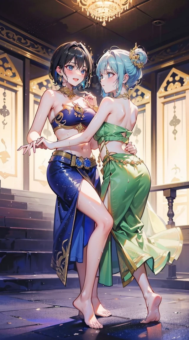 (2 young women ,beautiful woman),(เด็กหญิงshyุ 20 ปี)，smile，(light green short hair)，nobility，(princess)，blue student，Tall figure，((Strapless Thai dress))，low skirt，(Strapless Thai dressที่noทีสาย)，lolita skirt，Show your legs，Barefoot，red carpet，prom website，(nobility)，(titsใหญ่),(Various positions),Highest quality、Highest picture quality、Masterpiece,, ,(((Navel drive,dance,dance,Thai dance))), (there&#39;noมีอะไรปิดบังจิ๋ม.), (noมีกางเกงชั้นใน), (very good:1.2), (shy:1.2), (wet:1.2),  (feel sexually happy:1.6), (แยกชุดโชว์tits:1.4),fully naked, no, สมบูรณ์แบบtits, , big girl,rift, visible chest, Show your breasts, open chest,((bare breast:1.37)), ฉันเห็นtitsโป่งพ,(large areolae:1.4,pink,titsมองเห็นได้ชัดเจน..)