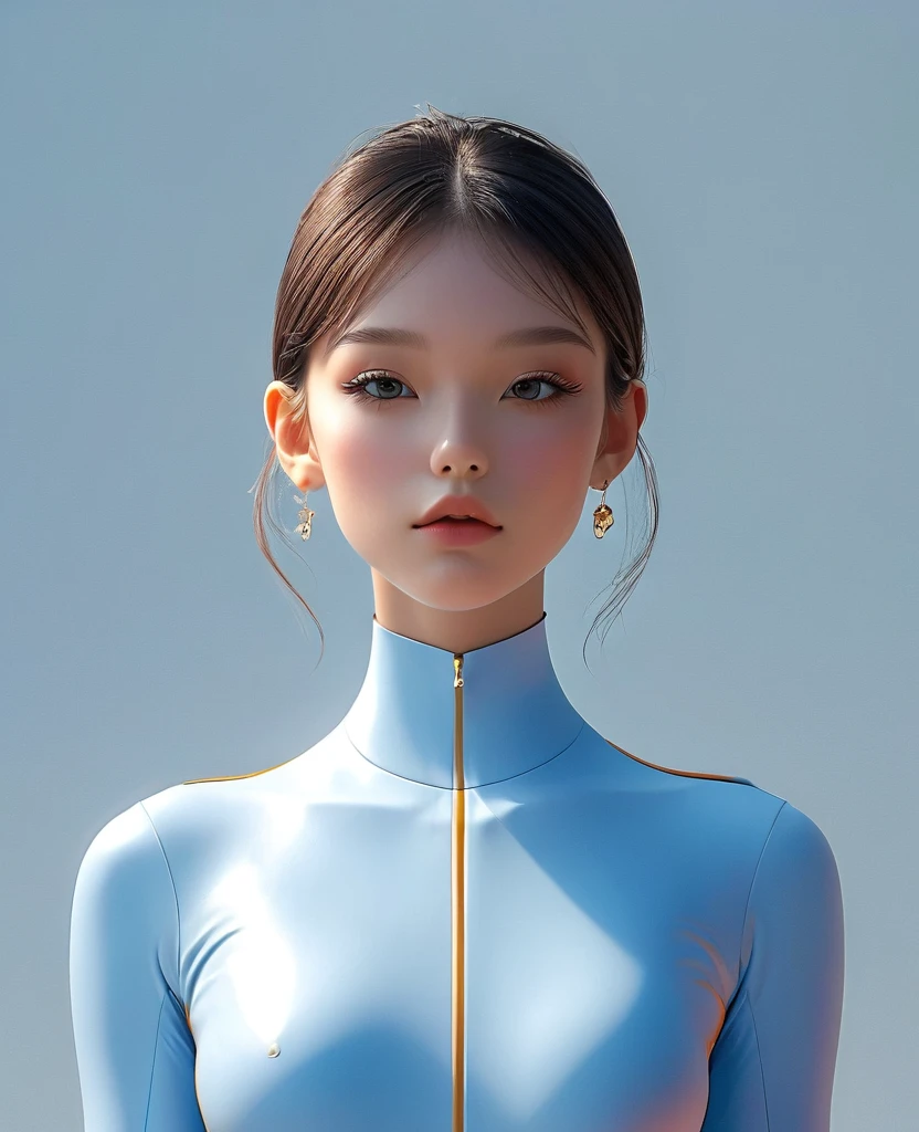 in the style of a 3D digital illustration, girl, front view, symmetric, minimalist, solid background, high resolution and ultrahigh definition, volumetric lighting. --ar 3:4 --niji 6