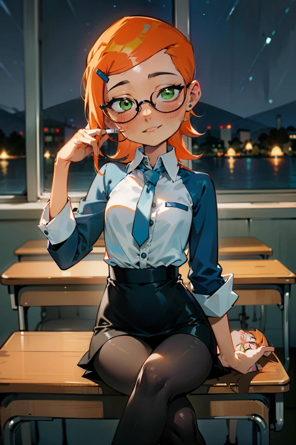 (Masterpiece), Best Quality, ultra-detailed, 1girl (Gwendolyn_Tennyson,  Slender and sexy body, lovely small breasts, orange hair, long wave hair, green eyes, half-closed eyes, spectacles), a come-hither face, smirk , parted lips, nose blush, blush, facing viewer, looking at viewer, solo, business suits,  dark blue jacket, white y-shirts(buttons), necktie,  tight skirt(dark blue skirt), black pantyhose, in the classroom, night time, , sitting,  sitting on desk, crossed  legs, come-on, lure,, Sexy waist teasing,  , 