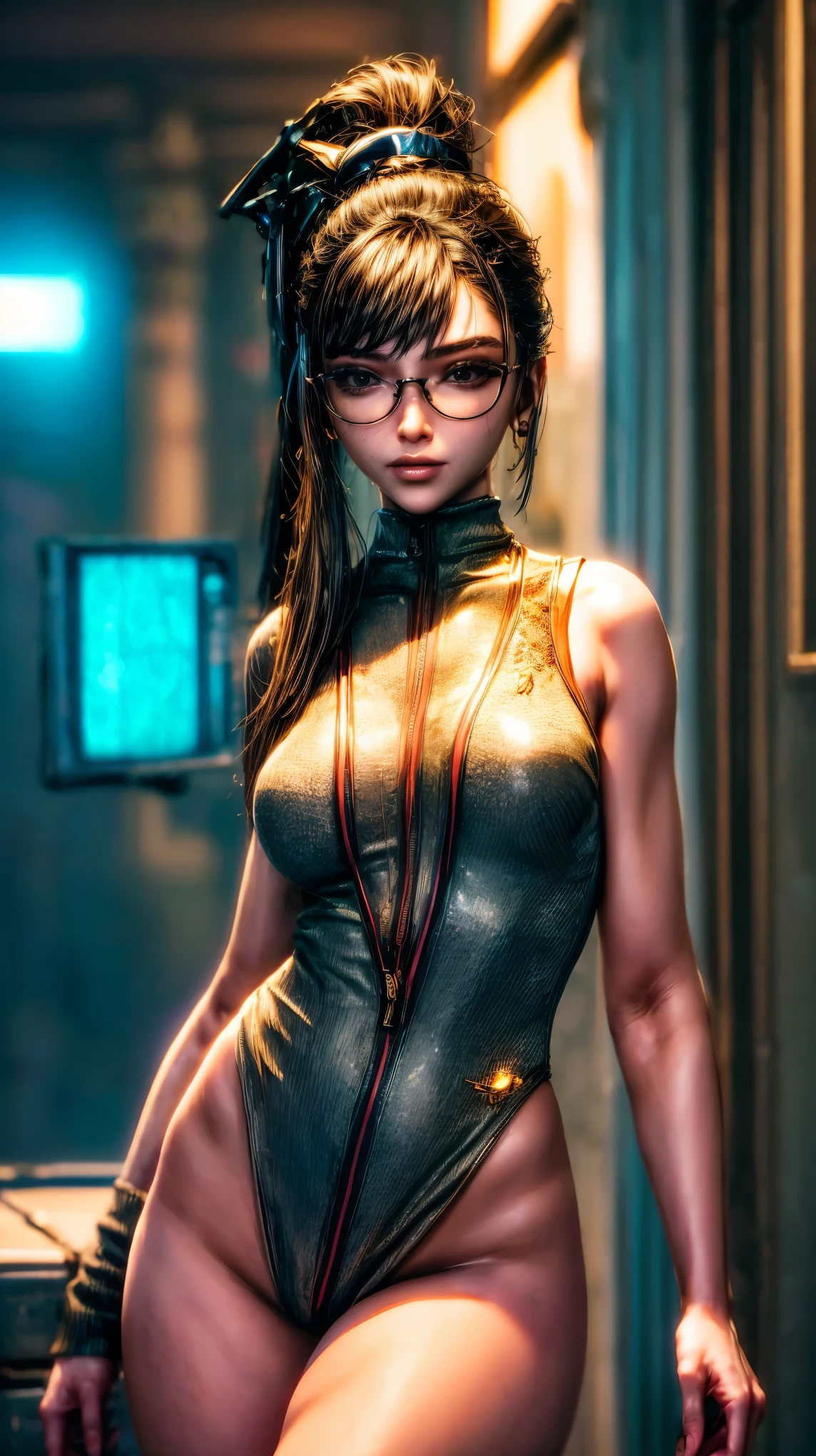 Masterpiece, Deepika Padukone, portrait face, eve, stellar blade, fringe hair , ponytail hair,  black turtleneck shirt,  oiled skin , wet hair, posing , (light brown eyes), (medium closed smile), ((blushing cheeks)), woman looking camera, Woman with rectangular magnifying glasses with red frames, pink eyelid makeup, cinematic photo 8k, hdr, dark photo, color grading, cyberpunk bedroom, neon lighting, woman frontal pose, large breasts, thick thighs, curvy hips 