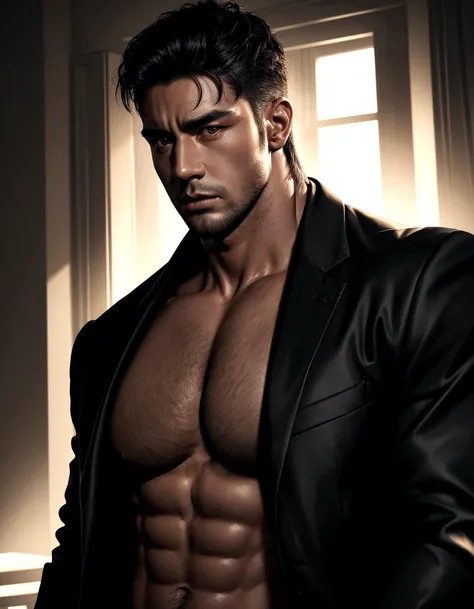 A handsome man with a big chest in a black jacket, big pecs, extremely  detailed - SeaArt AI