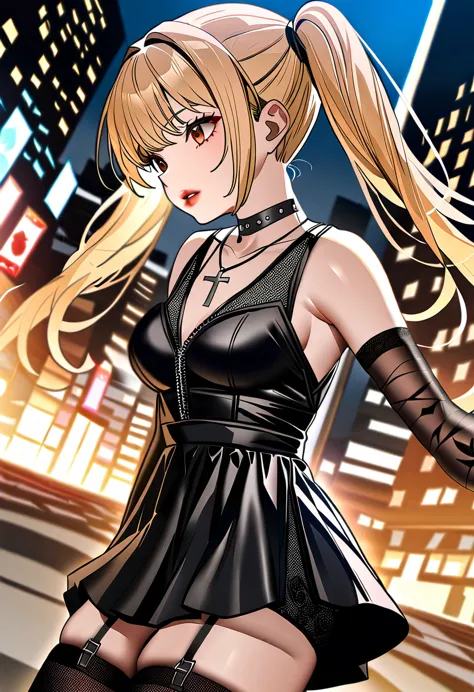 1girl,solo,amane misa, death note,super detailed skin,shiny skin,natural face,lips gloss,blonde hair,twintails,goth,punk, thighh...