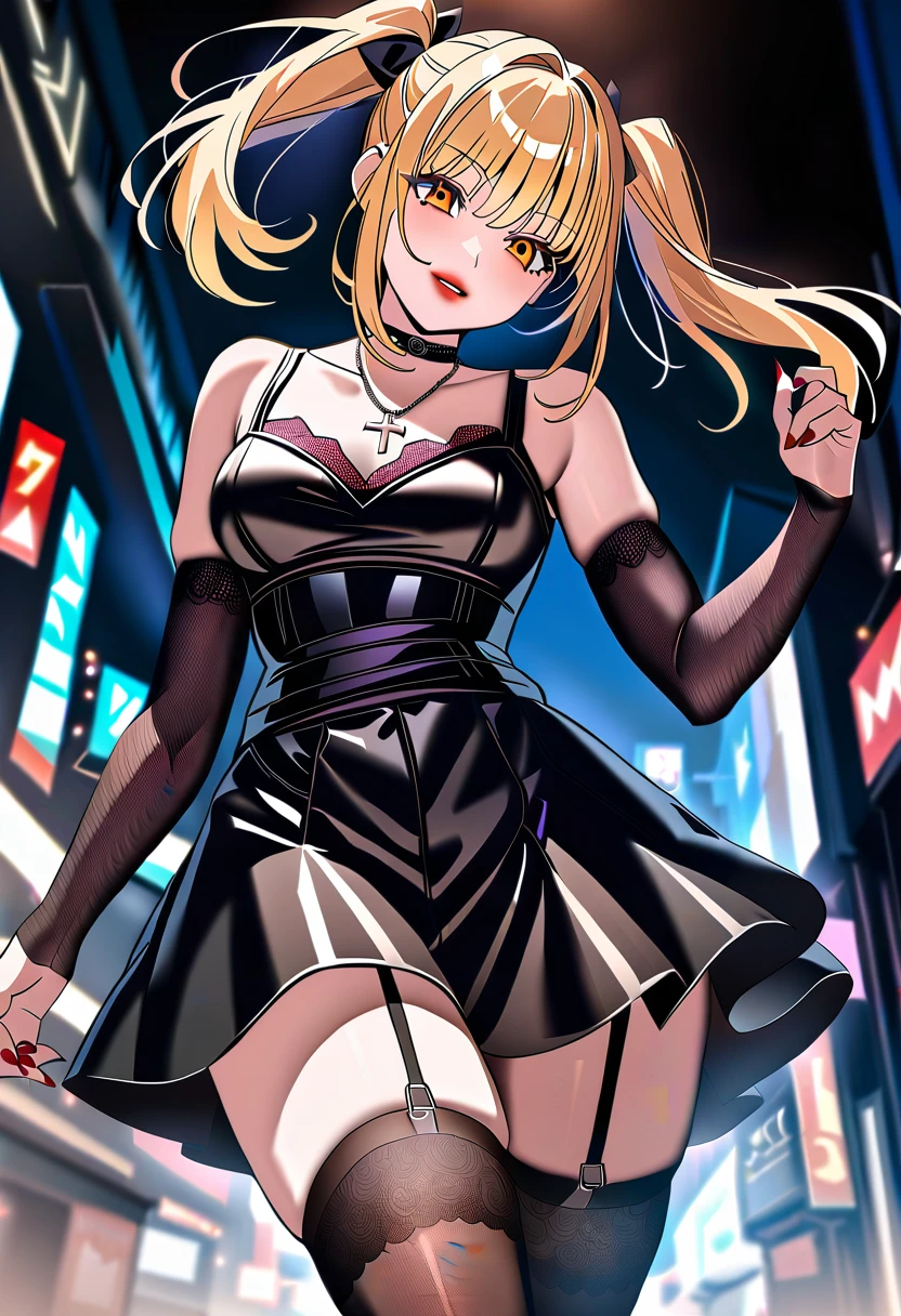 1girl,solo,amane misa, death note,super detailed skin,shiny skin,natural face,lips gloss,blonde hair,twintails,Goth,punk, thighhighs, dress, jewelry, collarbone, boots, detached sleeves, choker, black thighhighs, necklace, black footwear, black dress, sleeveless dress, garter straps, black choker, short dress, floral print, cross, red nails, cross necklace,,medium breasts,night city,dynamic angle,masterpiece,best quality,ultra detailed,high resolution,sharp focus,depth of field,