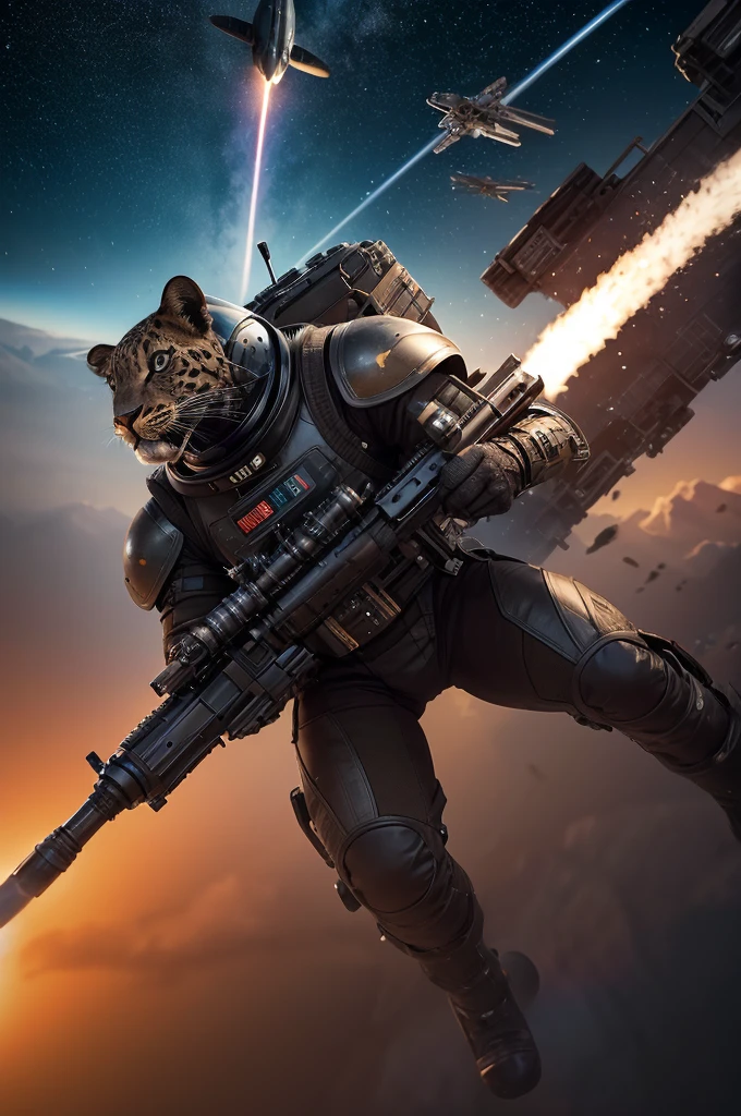 a black battle armored anthro leopard flying with a rocket pack while carrying a rifle to a spaceship while a space battle rages in the background, masterpiece, best, epic space battle, boarding action, photo realistic