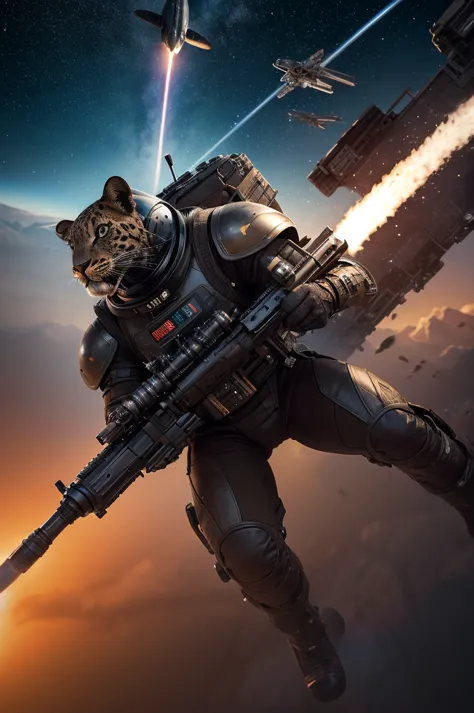 a black battle armored anthro leopard flying with a rocket pack while carrying a rifle to a spaceship while a space battle rages...