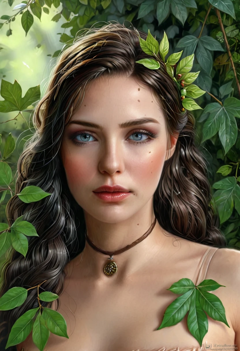 RAW photo of a woman with green eyes, bare breasts, small and subtly drooping, among the foliage, some leaves frame her beautiful face, leaf on the head, detailed realistic painting, detailed painting 4k, detailed painting in 4k, hyperrealistic digital painting, hyperrealism concept art, realistic detailed painting, highly detailed painting, ultra realistic digital painting, detailed realism painting, photorealistic digital painting, ultrarealistic illustration, ultra detailed digital painting