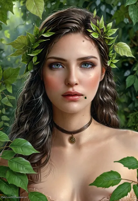 raw photo of a woman with green eyes, bare breasts, small and subtly drooping, among the foliage, some leaves frame her beautifu...