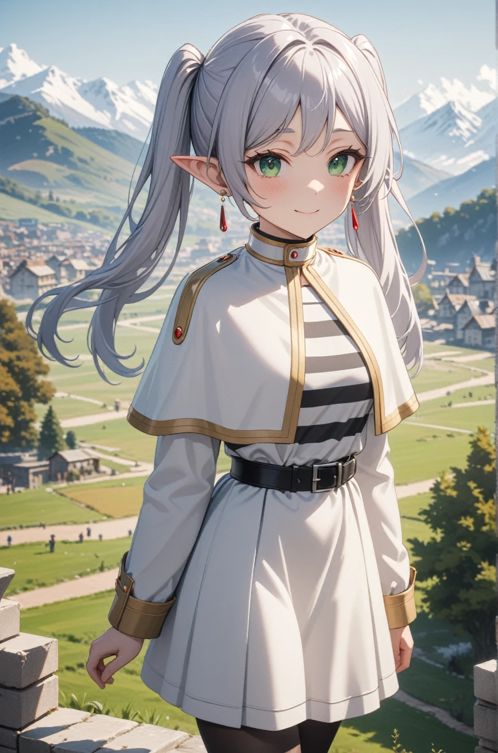 One girl, Freezing, Beautiful smile, Green Eyes, Gray Hair, Long Hair, Twin tails, Earrings, White capelet, Striped shirt, Long sleeve, belt, White Skirt, Black Pantyhose, landscape, Looking at the audience, masterpiece, Highest quality, so beautiful, Absurd, up to date, Complex details, Complex, AI-generated,  