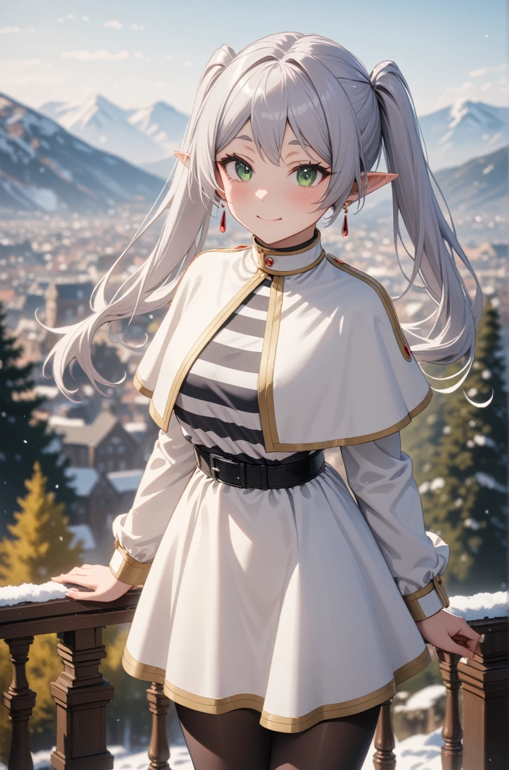 One girl, Freezing, Beautiful smile, Green Eyes, Gray Hair, Long Hair, Twin tails, Earrings, White capelet, Striped shirt, Long sleeve, belt, White Skirt, Black Pantyhose, landscape, Looking at the audience, masterpiece, Highest quality, so beautiful, Absurd, up to date, Complex details, Complex, AI-generated,  