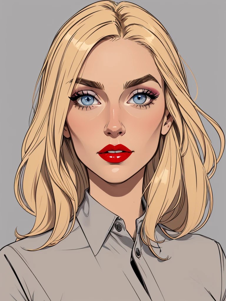 
Flat colors, close-up, portrait, of a 40-year-old, sexy plumb looking girl, perfect makeup, red lipstick, perfect olive skin, ([blue eyes]) Long blondie hair, natural eyebrows natural beaty, beautiful, blouse, masterpiece, (([Simple grey background]))

