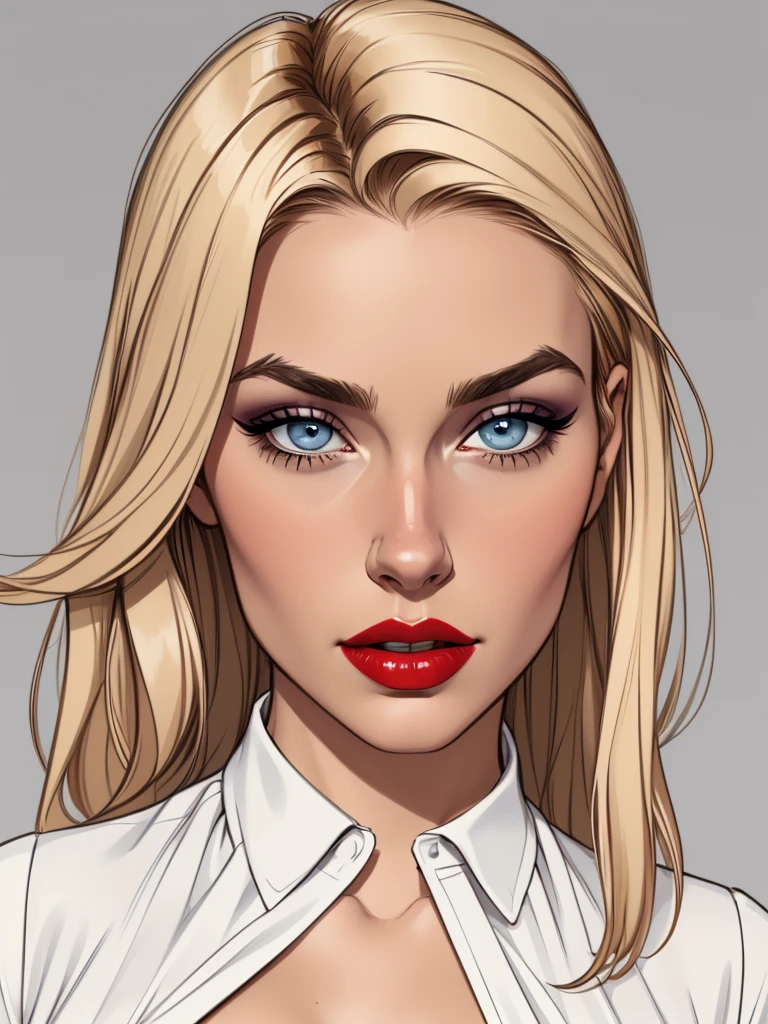 
Flat colors, close-up, portrait, of a 40-year-old, sexy plumb looking girl, perfect makeup, red lipstick, perfect olive skin, ([blue eyes]) Long blondie hair, natural eyebrows natural beaty, beautiful, blouse, masterpiece, (([Simple grey background]))

