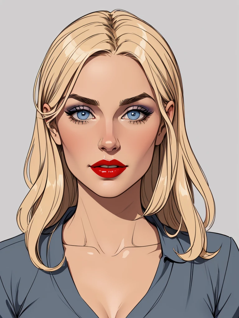 
Flat colors, close-up, portrait, of a 40-year-old, sexy plumb looking girl, perfect makeup, red lipstick, perfect olive skin, ([blue eyes]) Long blondie hair, natural eyebrows natural beaty, beautiful, blouse, masterpiece, (([Simple grey background]))

