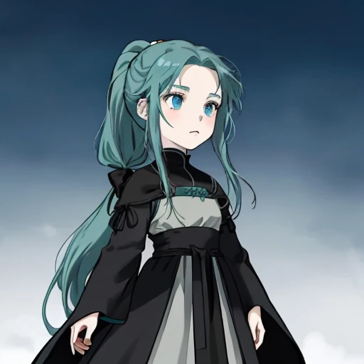 Chibi girl in Ghibli style with long dark turquoise hair in a ponytail in a medieval closed dark dress without background in full length, Serious Cold Gaze, pale skin, Blue eyes
