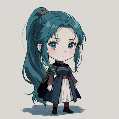 Chibi girl in Ghibli style with long dark turquoise hair in a ponytail in a medieval closed dark dress without background in ful...