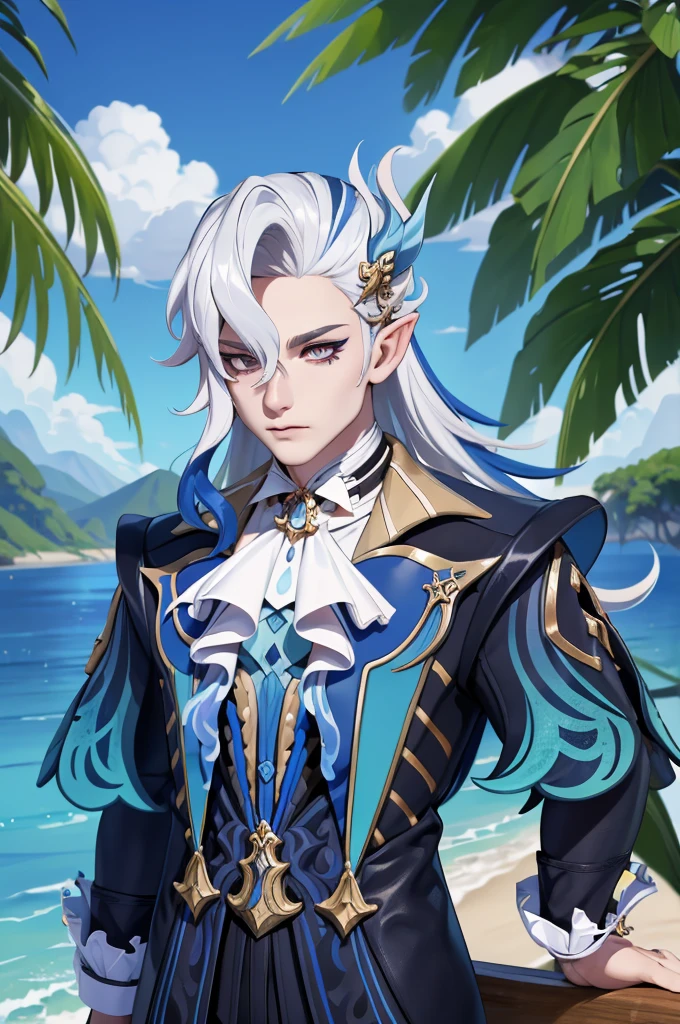 Masterpiece, Best Quality, 1boy, neuvillette, blue hair, White hair, multicolored hair, hair between eyes, pointy ears, hair ornament, topless man, muscular, as well, mar, arena, tropical island background 