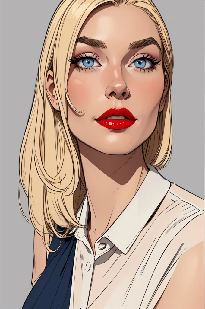 
Flat colors, close-up, portrait, of a 40-year-old, sexy plumb looking girl, perfect makeup, red lipstick, perfect olive skin, ([blue eyes]) Long blondie hair, natural eyebrows natural beaty, beautiful, blouse, masterpiece, (([Simple grey background]))

